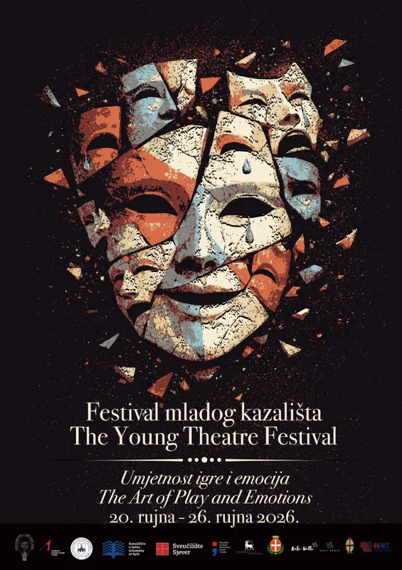 Plakat Festivala mladog kazališta s fragmentiranim maskama